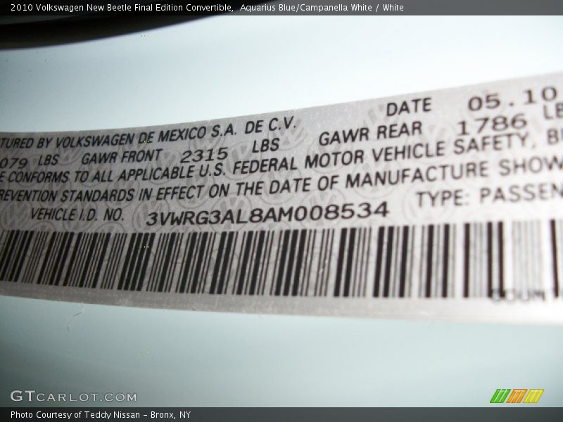 Aquarius Blue/Campanella White / White 2010 Volkswagen New Beetle Final Edition Convertible