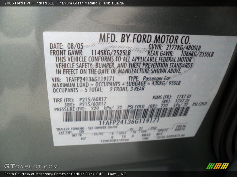 Titanium Green Metallic / Pebble Beige 2006 Ford Five Hundred SEL