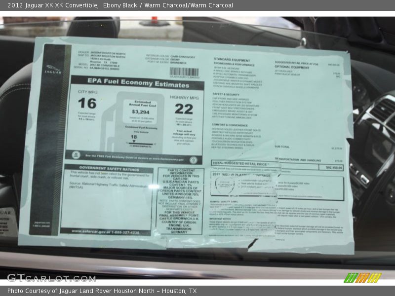  2012 XK XK Convertible Window Sticker