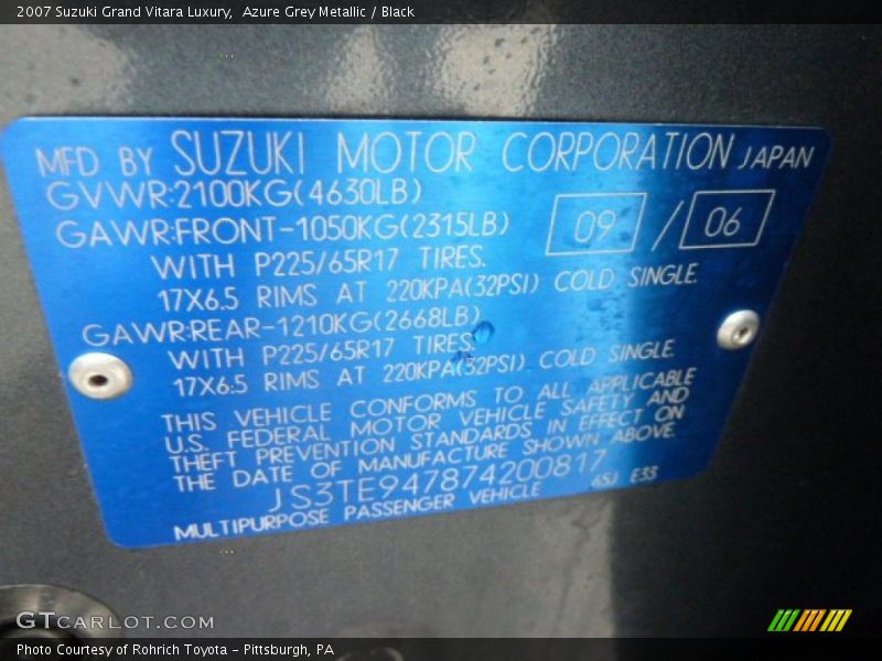 Azure Grey Metallic / Black 2007 Suzuki Grand Vitara Luxury