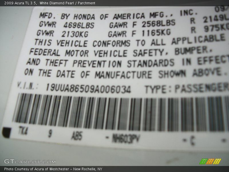 White Diamond Pearl / Parchment 2009 Acura TL 3.5