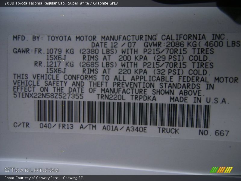 Super White / Graphite Gray 2008 Toyota Tacoma Regular Cab