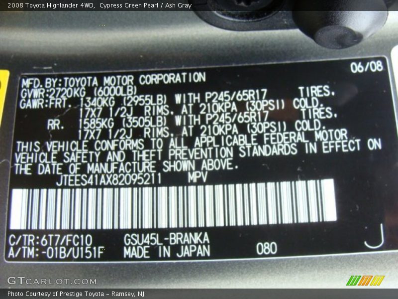 Cypress Green Pearl / Ash Gray 2008 Toyota Highlander 4WD