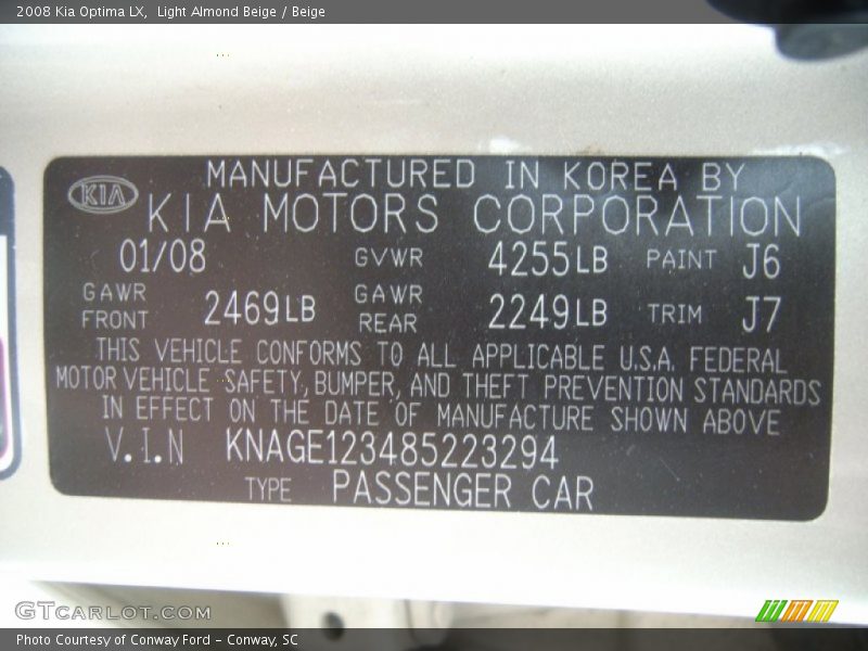 Light Almond Beige / Beige 2008 Kia Optima LX