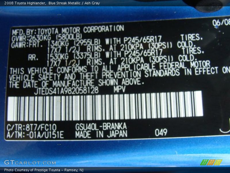Blue Streak Metallic / Ash Gray 2008 Toyota Highlander