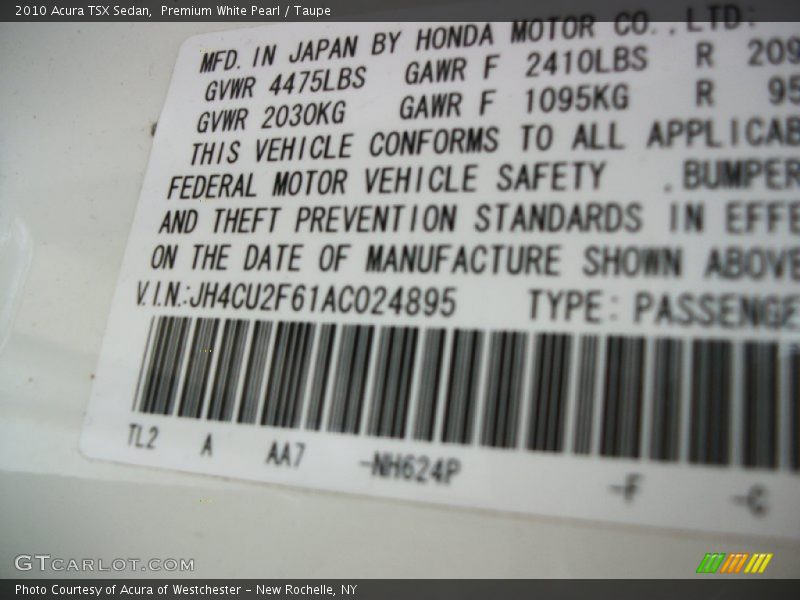 Premium White Pearl / Taupe 2010 Acura TSX Sedan