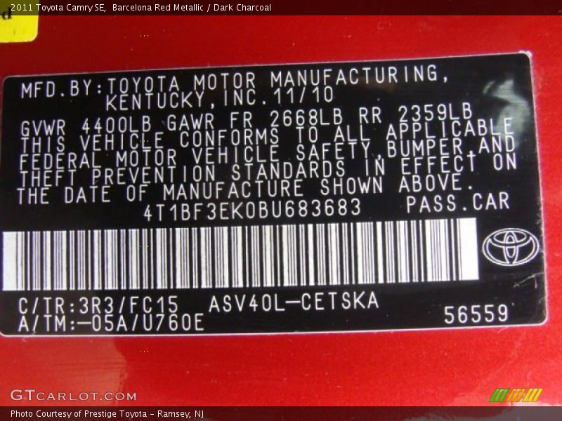 2011 Camry SE Barcelona Red Metallic Color Code 3R3