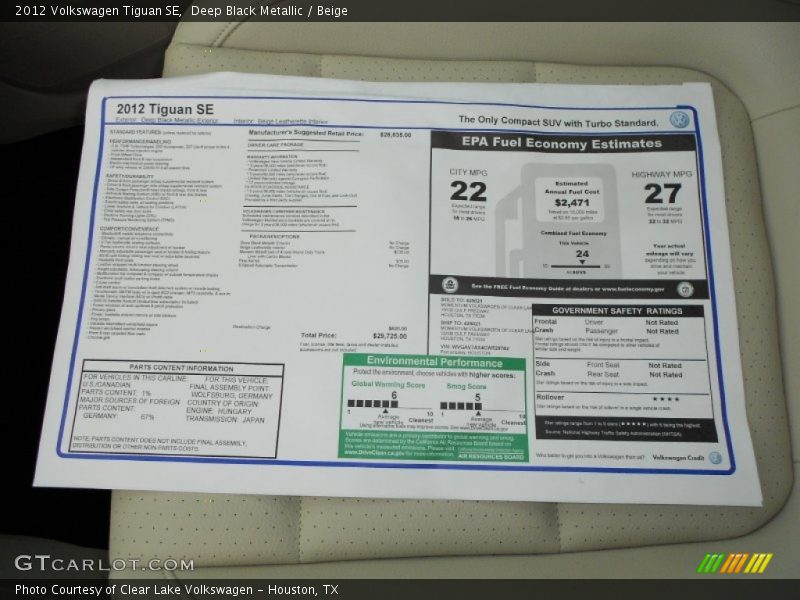 Deep Black Metallic / Beige 2012 Volkswagen Tiguan SE