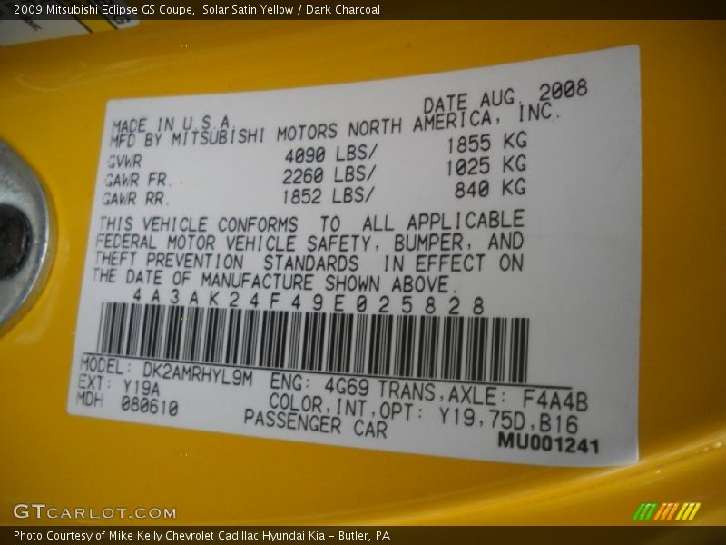Solar Satin Yellow / Dark Charcoal 2009 Mitsubishi Eclipse GS Coupe