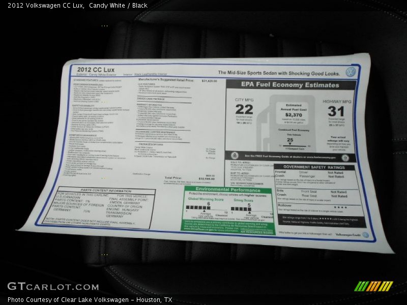 Candy White / Black 2012 Volkswagen CC Lux