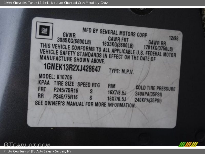 Medium Charcoal Gray Metallic / Gray 1999 Chevrolet Tahoe LS 4x4