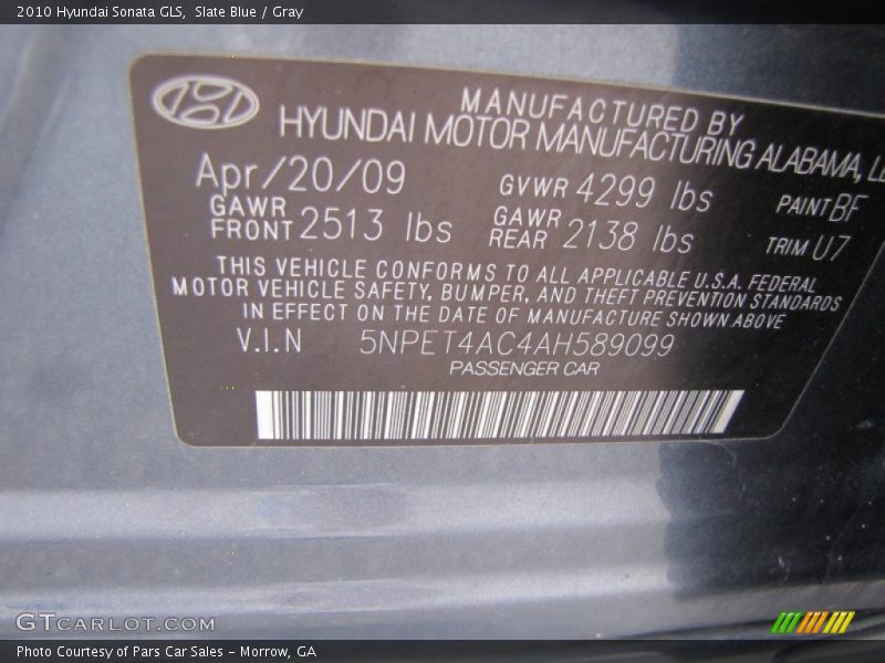 Slate Blue / Gray 2010 Hyundai Sonata GLS