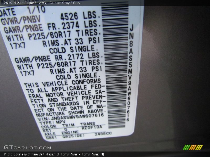 2010 Rogue SL AWD Gotham Gray Color Code K51