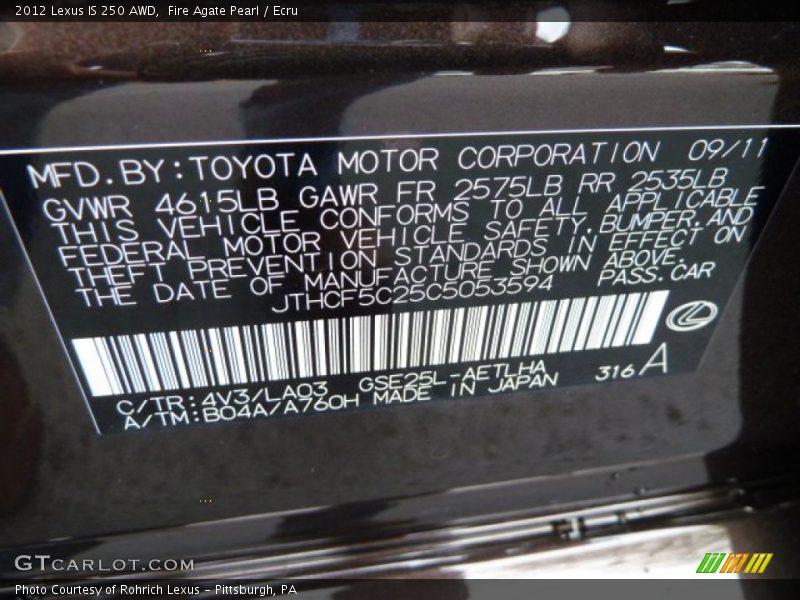 Fire Agate Pearl / Ecru 2012 Lexus IS 250 AWD