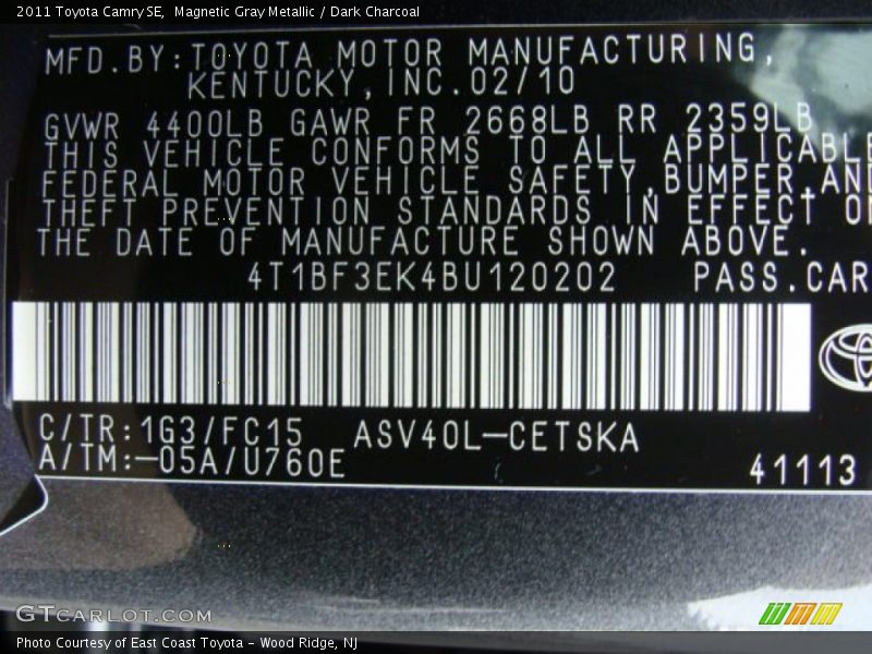 2011 Camry SE Magnetic Gray Metallic Color Code 1G3
