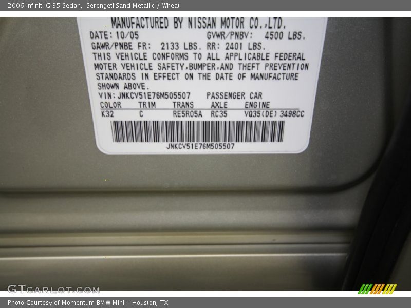 Serengeti Sand Metallic / Wheat 2006 Infiniti G 35 Sedan