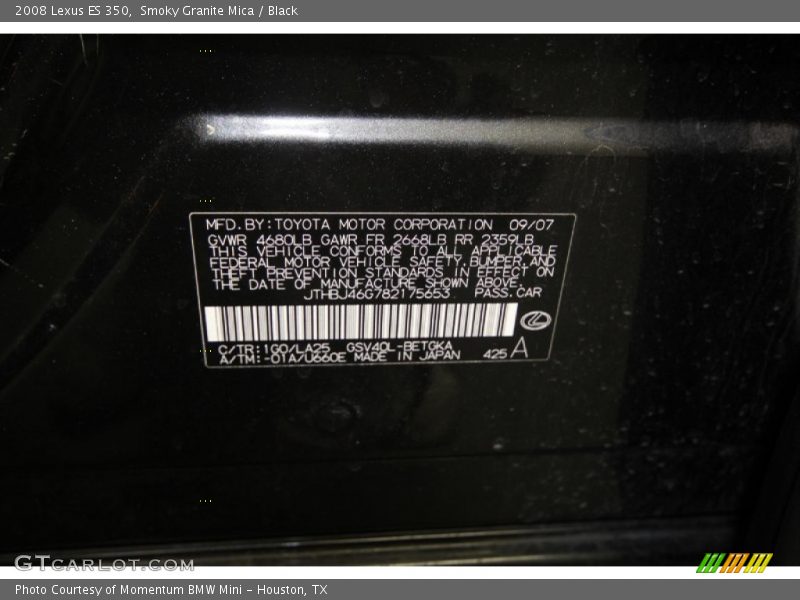 Smoky Granite Mica / Black 2008 Lexus ES 350