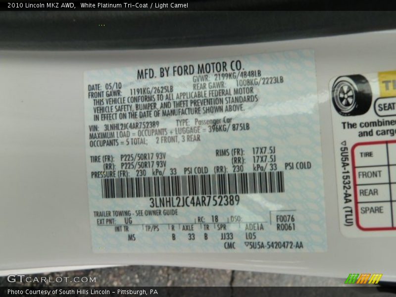 2010 MKZ AWD White Platinum Tri-Coat Color Code UG