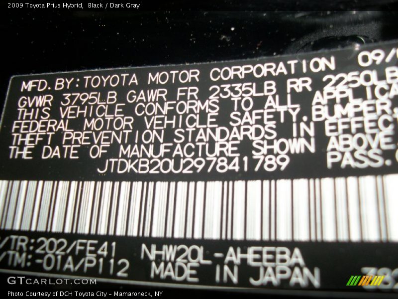 2009 Prius Hybrid Black Color Code 202