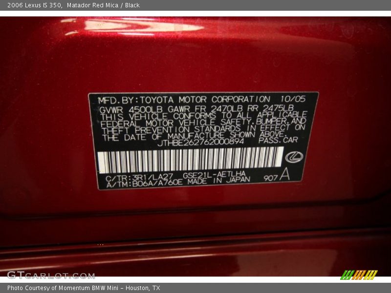 Matador Red Mica / Black 2006 Lexus IS 350