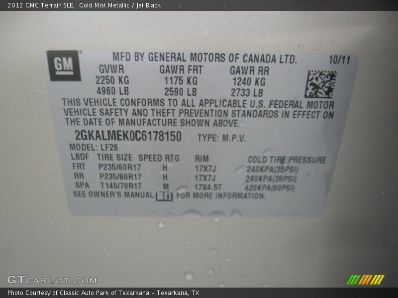 Gold Mist Metallic / Jet Black 2012 GMC Terrain SLE