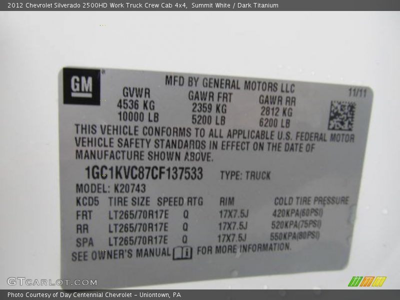 Summit White / Dark Titanium 2012 Chevrolet Silverado 2500HD Work Truck Crew Cab 4x4