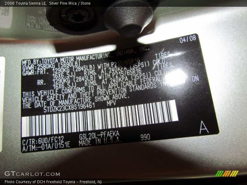 2008 Sienna LE Silver Pine Mica Color Code 6U0