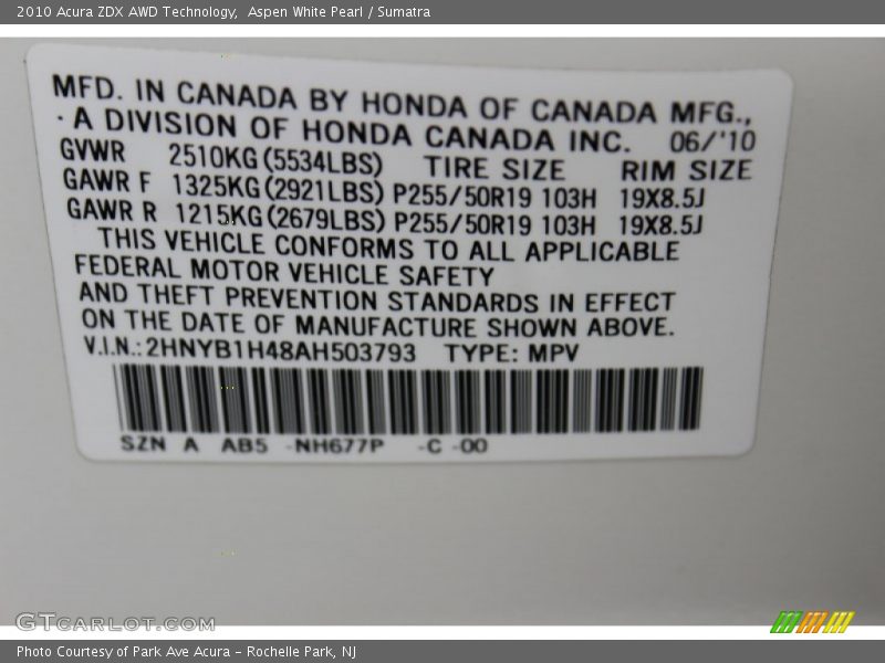 2010 ZDX AWD Technology Aspen White Pearl Color Code NH677