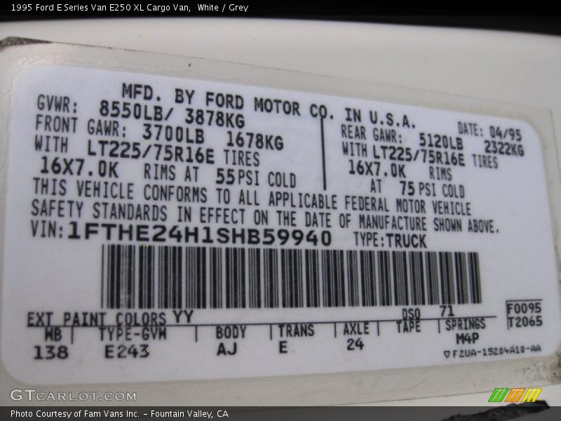 1995 E Series Van E250 XL Cargo Van White Color Code YY