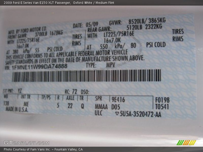 2009 E Series Van E150 XLT Passenger Oxford White Color Code YZ
