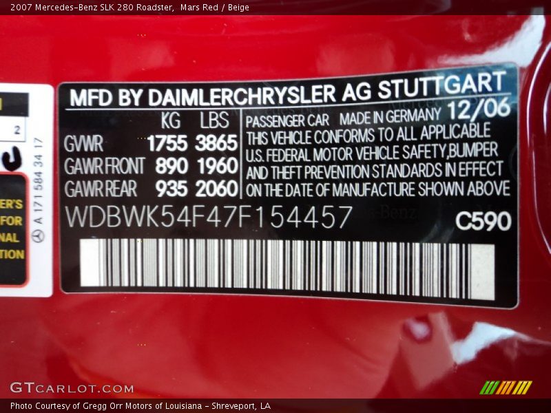 2007 SLK 280 Roadster Mars Red Color Code C590