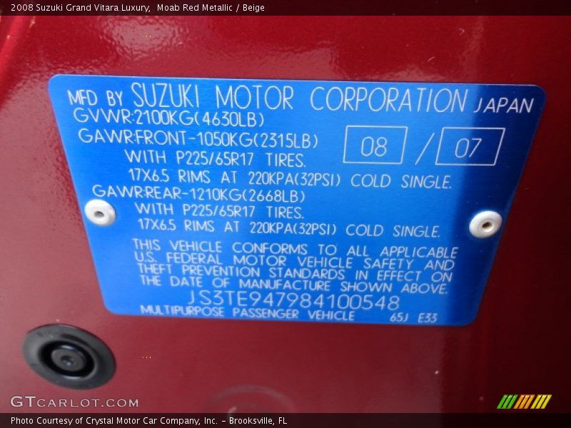 Moab Red Metallic / Beige 2008 Suzuki Grand Vitara Luxury