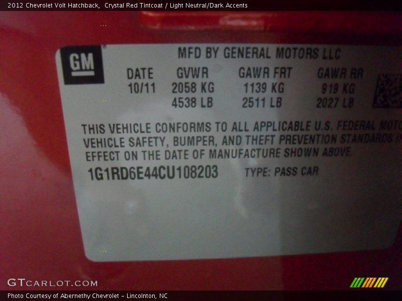 Crystal Red Tintcoat / Light Neutral/Dark Accents 2012 Chevrolet Volt Hatchback