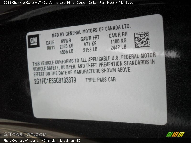 Carbon Flash Metallic / Jet Black 2012 Chevrolet Camaro LT 45th Anniversary Edition Coupe