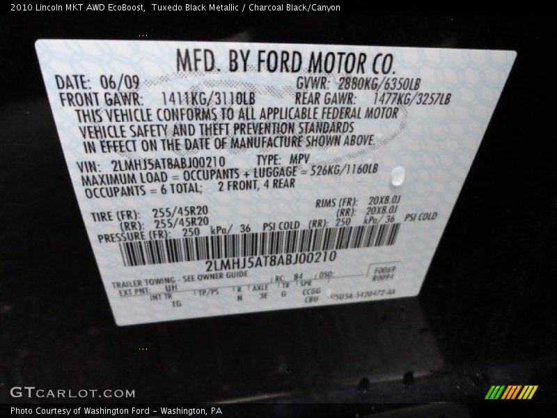 2010 MKT AWD EcoBoost Tuxedo Black Metallic Color Code UH
