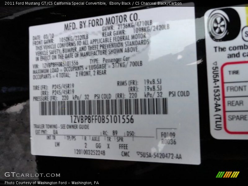 2011 Mustang GT/CS California Special Convertible Ebony Black Color Code UA