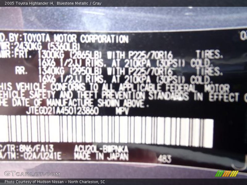 Bluestone Metallic / Gray 2005 Toyota Highlander I4