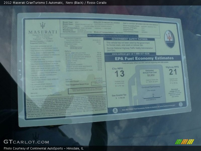  2012 GranTurismo S Automatic Window Sticker