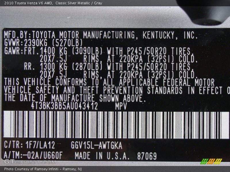2010 Venza V6 AWD Classic Silver Metallic Color Code 1F7