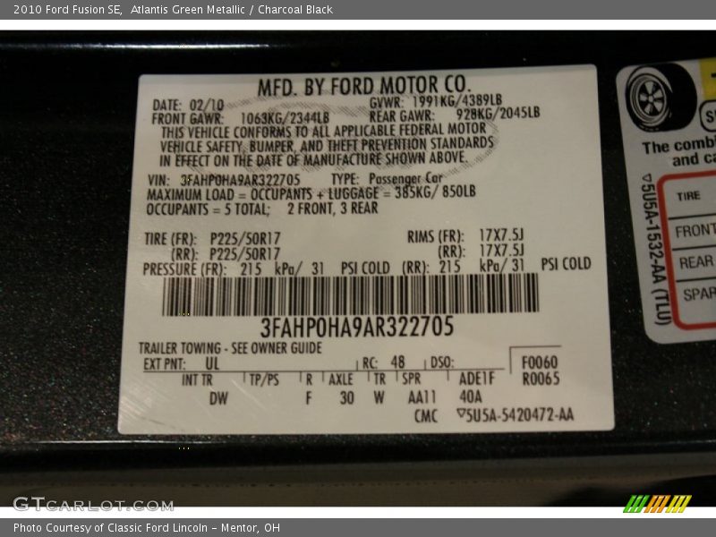 2010 Fusion SE Atlantis Green Metallic Color Code UL