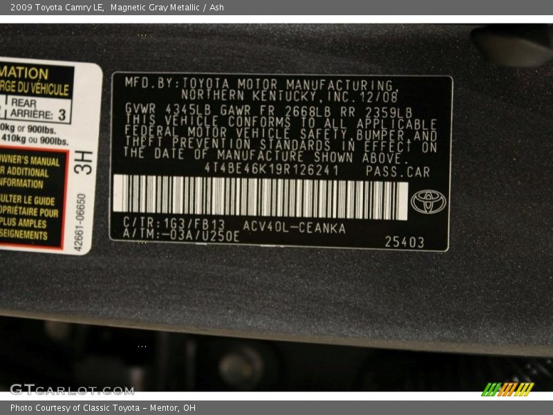 2009 Camry LE Magnetic Gray Metallic Color Code 1G3