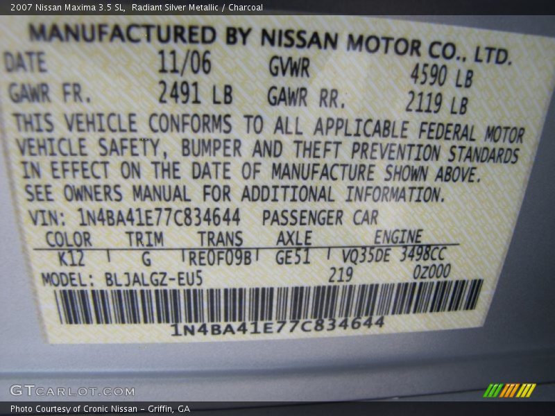 Radiant Silver Metallic / Charcoal 2007 Nissan Maxima 3.5 SL