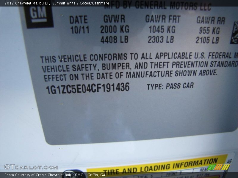 Summit White / Cocoa/Cashmere 2012 Chevrolet Malibu LT