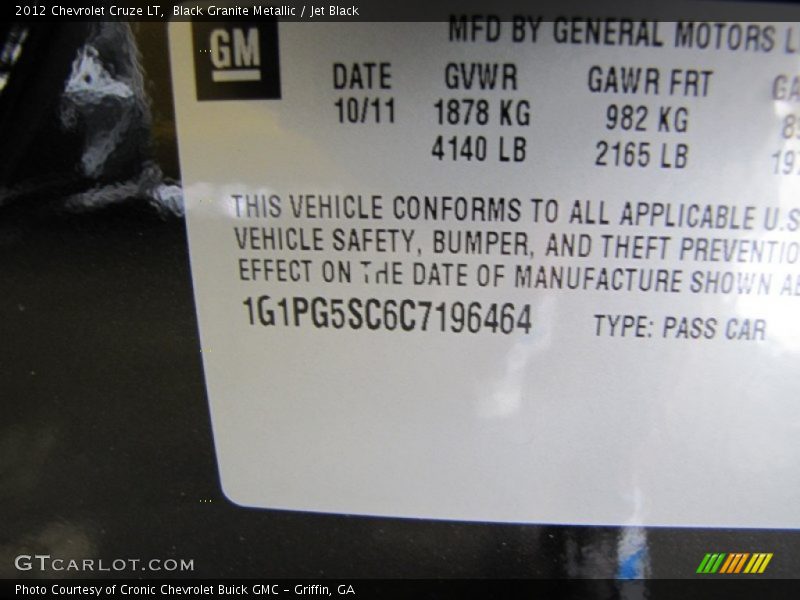 Black Granite Metallic / Jet Black 2012 Chevrolet Cruze LT