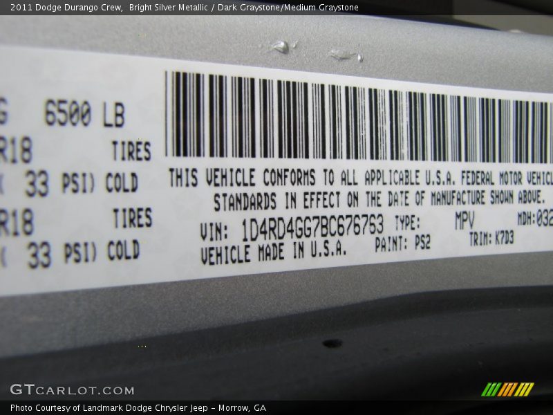 Bright Silver Metallic / Dark Graystone/Medium Graystone 2011 Dodge Durango Crew