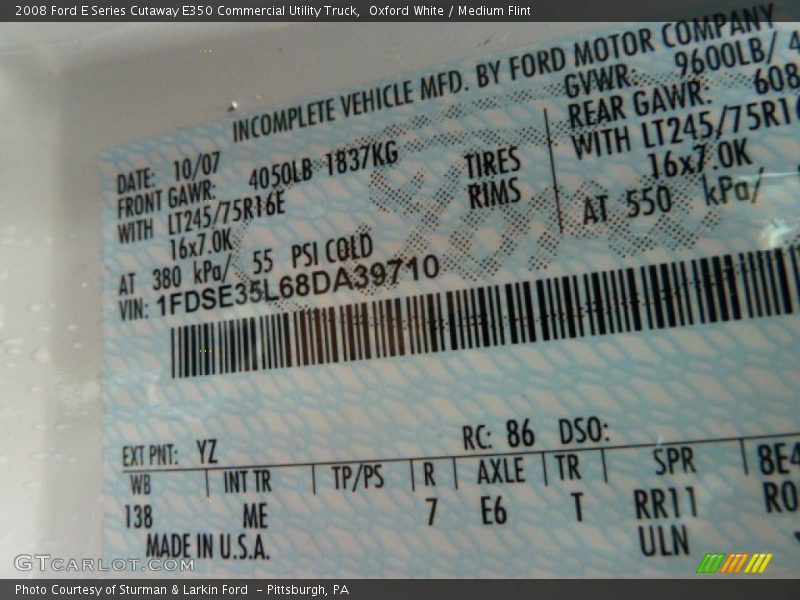 2008 E Series Cutaway E350 Commercial Utility Truck Oxford White Color Code YZ