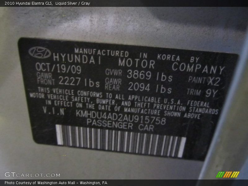 Liquid Silver / Gray 2010 Hyundai Elantra GLS