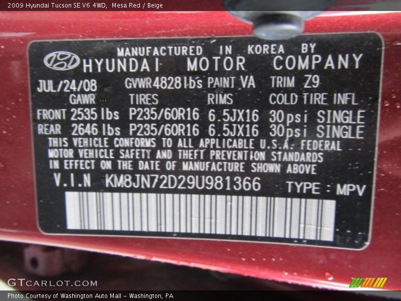 Mesa Red / Beige 2009 Hyundai Tucson SE V6 4WD