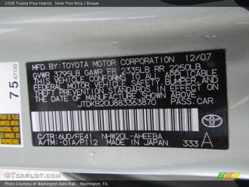 2008 Prius Hybrid Silver Pine Mica Color Code 6U0