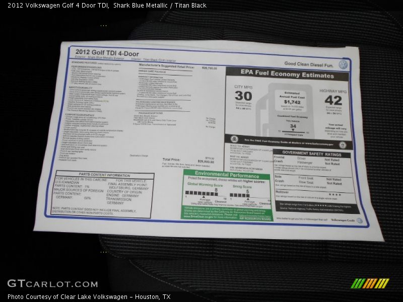  2012 Golf 4 Door TDI Window Sticker